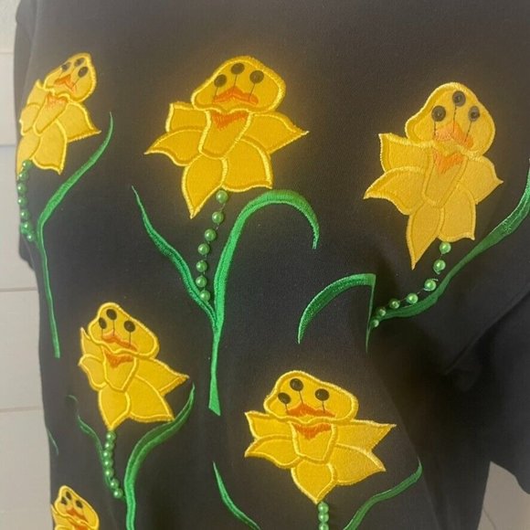 Bechamel Vintage Black Daffodil Beaded Applique Blouse Women's Size S - Picture 2 of 10